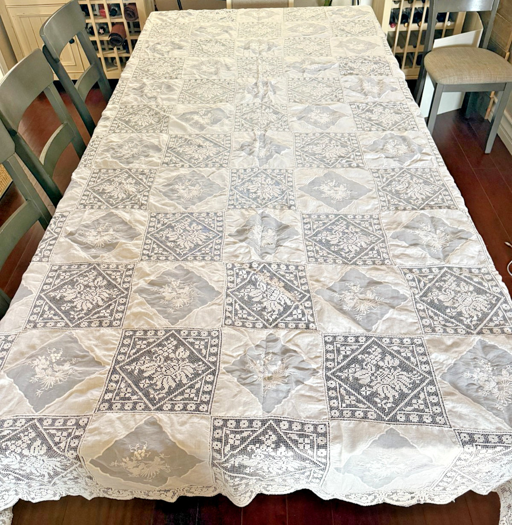 VTG Linen Filet Lace Banquet Tablecloth Floral Applique Army Navy 115" x 64"